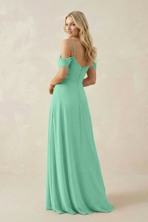 Off - the - Shoulder Chiffon A - Line Maxi Bridesmaid Dress in Turquoise - SHE IS ME Bridesmaid Dresses