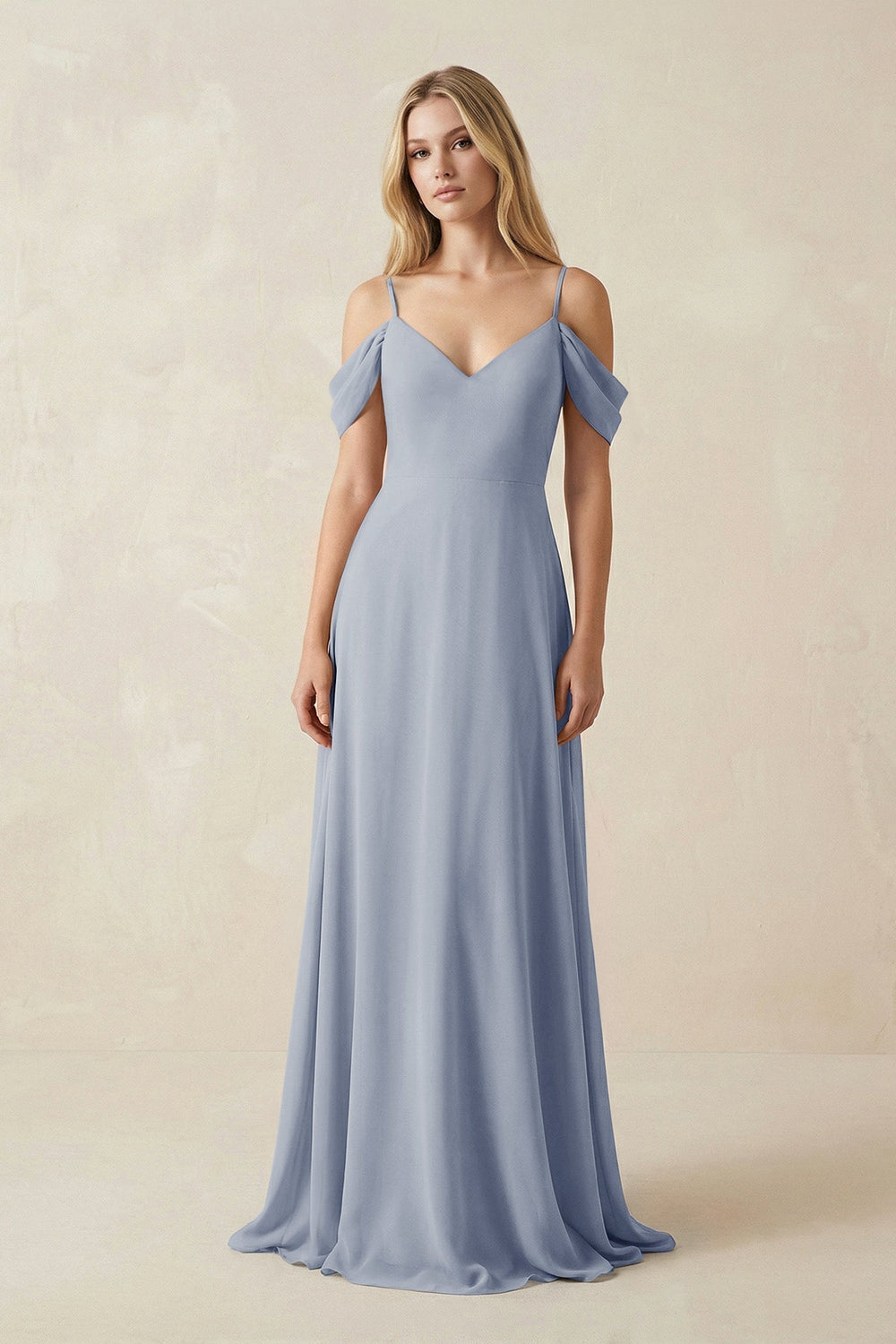 Off - the - Shoulder Chiffon A - Line Maxi Bridesmaid Dress in Twilight - SHE IS ME Bridesmaid Dresses