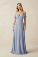 Off - the - Shoulder Chiffon A - Line Maxi Bridesmaid Dress in Twilight - SHE IS ME Bridesmaid Dresses