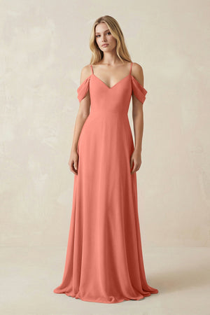 Off - the - Shoulder Chiffon A - Line Maxi Bridesmaid Dress in Wild Rose - SHE IS ME Bridesmaid Dresses