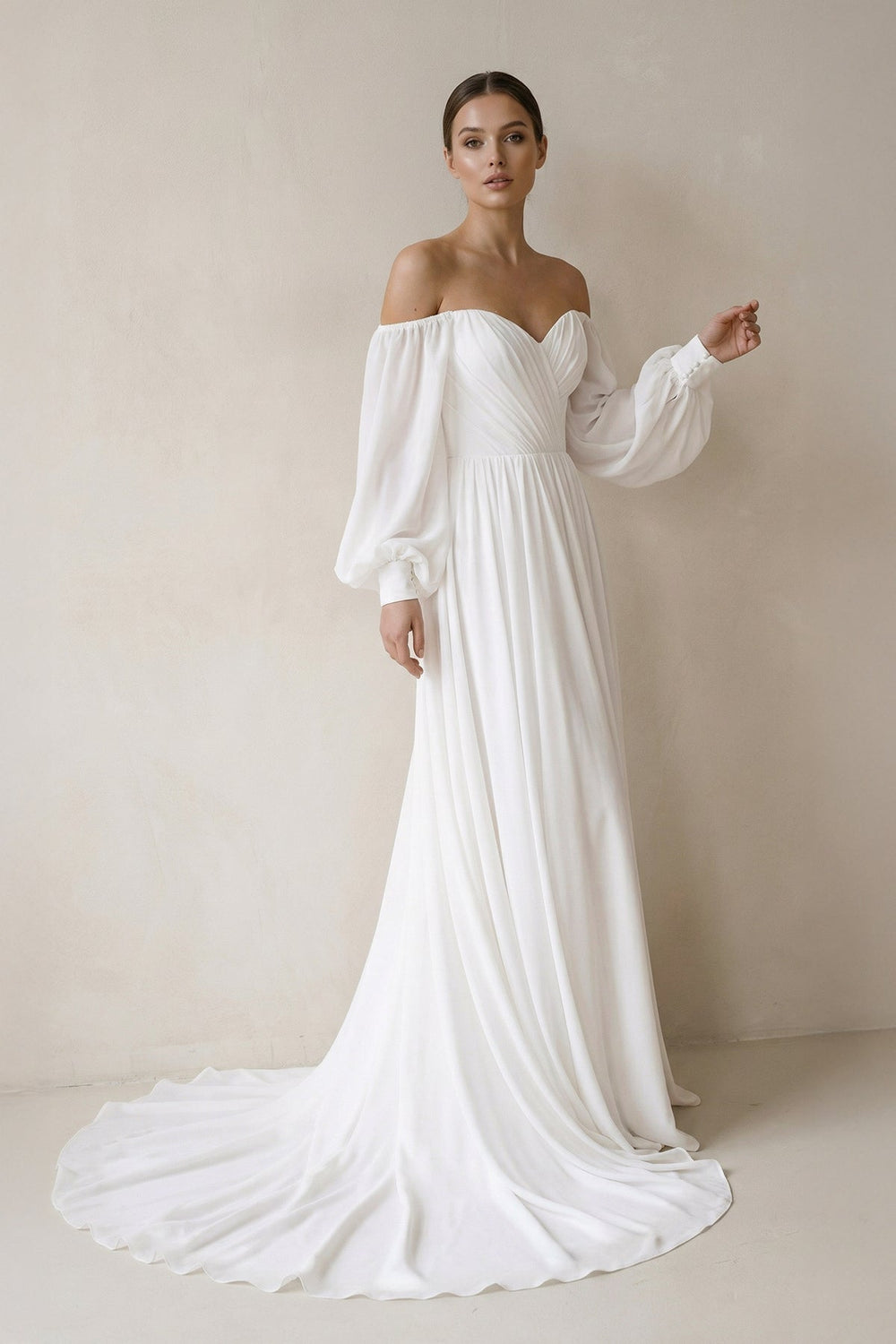 Off the Shoulder Chiffon Long - Sleeve Wedding Dresses in White - SHE IS ME Wedding Dresses