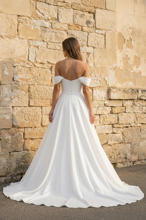 Off The Shoulder Chiffon Wedding Dress With Slit in White - SHE IS ME Wedding Dresses