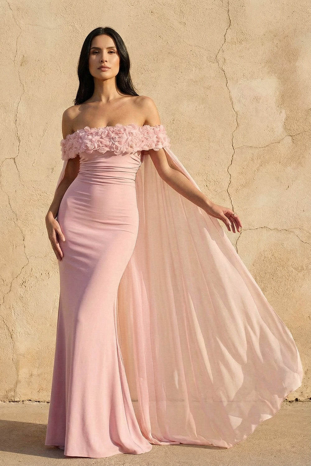 Off The Shoulder Floral Cape Gown in Pink - SHE IS ME