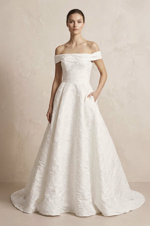 Off - the - Shoulder Jacquard Ball Gown Wedding Dress in White - SHE IS ME Wedding Dresses