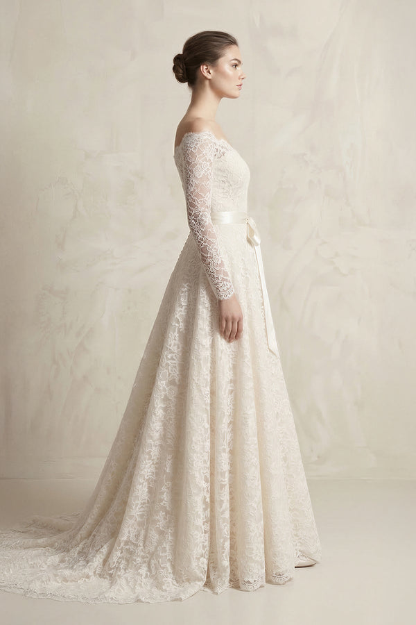 Off - the - Shoulder Lace Long Sleeve Bow Wedding Dress in Ivory - SHE IS ME Wedding Dresses