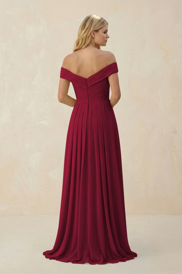 Off - the - Shoulder Pleated A - Line Chiffon Bridesmaid Dress in Berry - SHE IS ME Bridesmaid Dresses