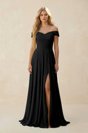 Off - the - Shoulder Pleated A - Line Chiffon Bridesmaid Dress in Black - SHE IS ME Bridesmaid Dresses
