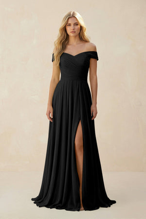 Off - the - Shoulder Pleated A - Line Chiffon Bridesmaid Dress in Black - SHE IS ME Bridesmaid Dresses