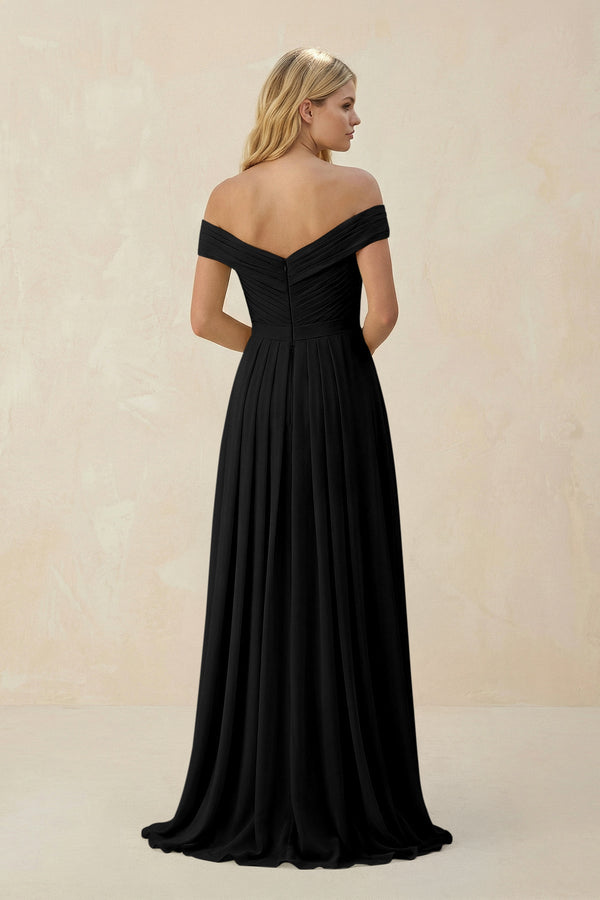 Off - the - Shoulder Pleated A - Line Chiffon Bridesmaid Dress in Black - SHE IS ME Bridesmaid Dresses