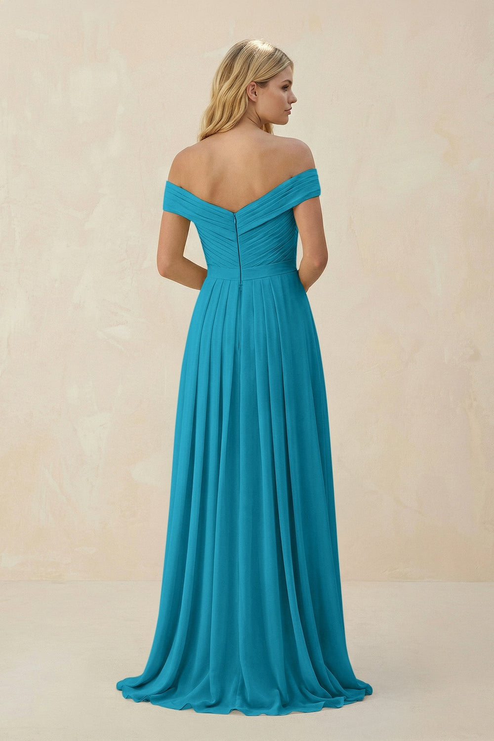 Off - the - Shoulder Pleated A - Line Chiffon Bridesmaid Dress in Blue Jay - SHE IS ME Bridesmaid Dresses