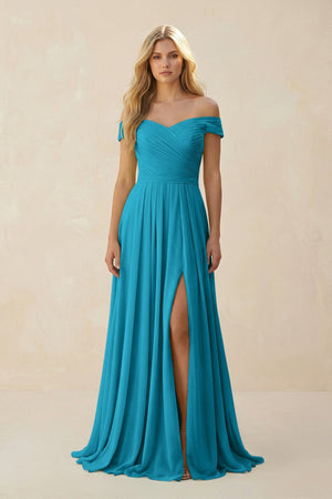 Off - the - Shoulder Pleated A - Line Chiffon Bridesmaid Dress in Blue Jay - SHE IS ME Bridesmaid Dresses