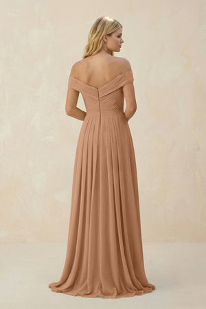 Off - the - Shoulder Pleated A - Line Chiffon Bridesmaid Dress in Bronzer - SHE IS ME Bridesmaid Dresses