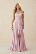 Off - the - Shoulder Pleated A - Line Chiffon Bridesmaid Dress in Candy Pink - SHE IS ME Bridesmaid Dresses