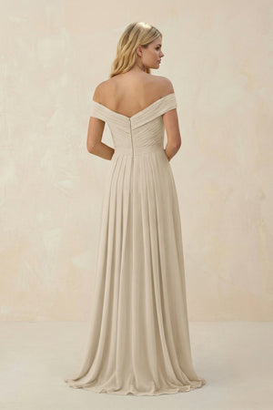 Off - the - Shoulder Pleated A - Line Chiffon Bridesmaid Dress in Champagne - SHE IS ME Bridesmaid Dresses