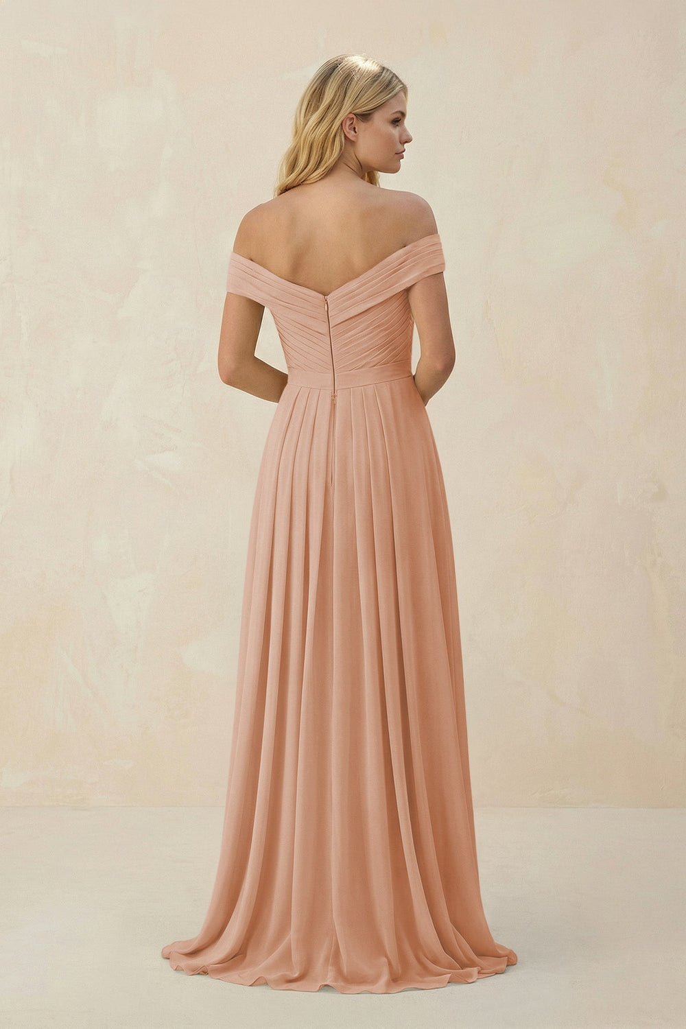 Off - the - Shoulder Pleated A - Line Chiffon Bridesmaid Dress in Champagne Rose - SHE IS ME Bridesmaid Dresses