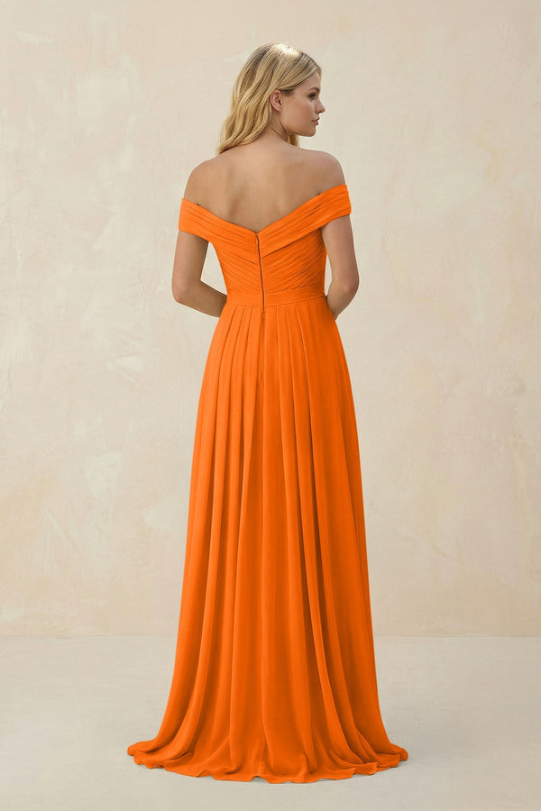 Off - the - Shoulder Pleated A - Line Chiffon Bridesmaid Dress in Cinnamon - SHE IS ME Bridesmaid Dresses