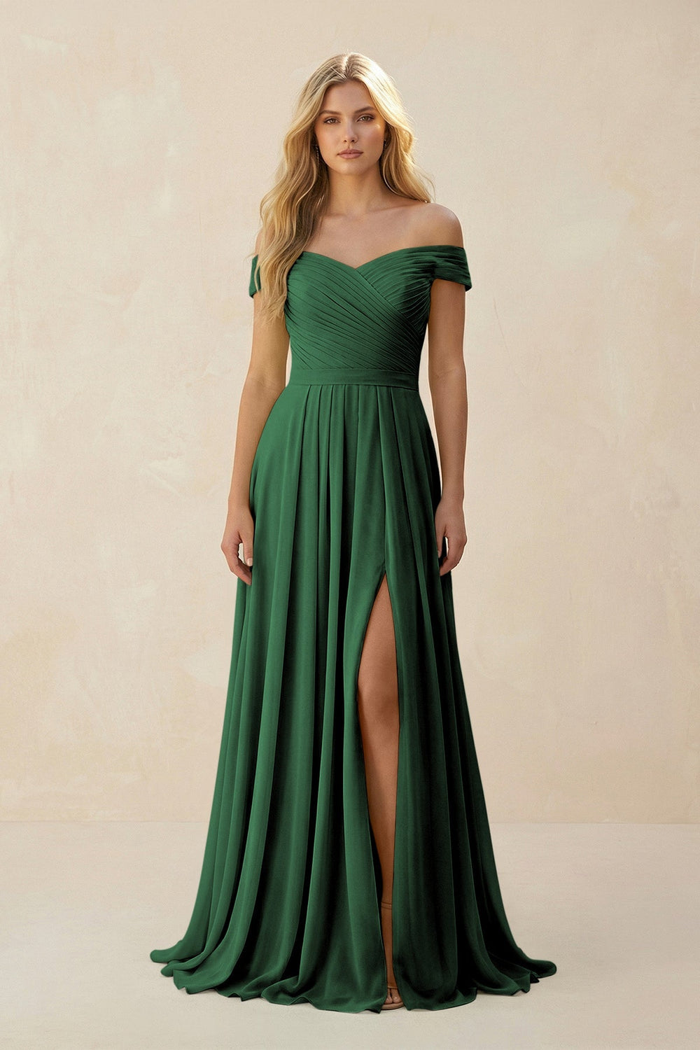 Off - the - Shoulder Pleated A - Line Chiffon Bridesmaid Dress in Dark Green - SHE IS ME Bridesmaid Dresses