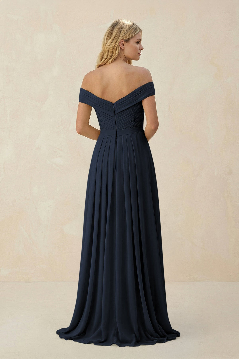 Off - the - Shoulder Pleated A - Line Chiffon Bridesmaid Dress in Dark Navy - SHE IS ME Bridesmaid Dresses