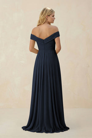 Off - the - Shoulder Pleated A - Line Chiffon Bridesmaid Dress in Dark Navy - SHE IS ME Bridesmaid Dresses