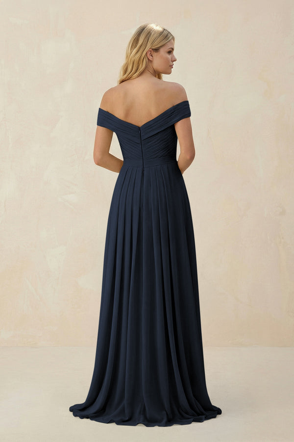 Off - the - Shoulder Pleated A - Line Chiffon Bridesmaid Dress in Dark Navy - SHE IS ME Bridesmaid Dresses