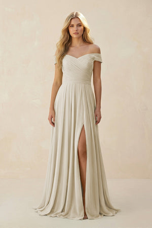 Off - the - Shoulder Pleated A - Line Chiffon Bridesmaid Dress in Dove Gray - SHE IS ME Bridesmaid Dresses