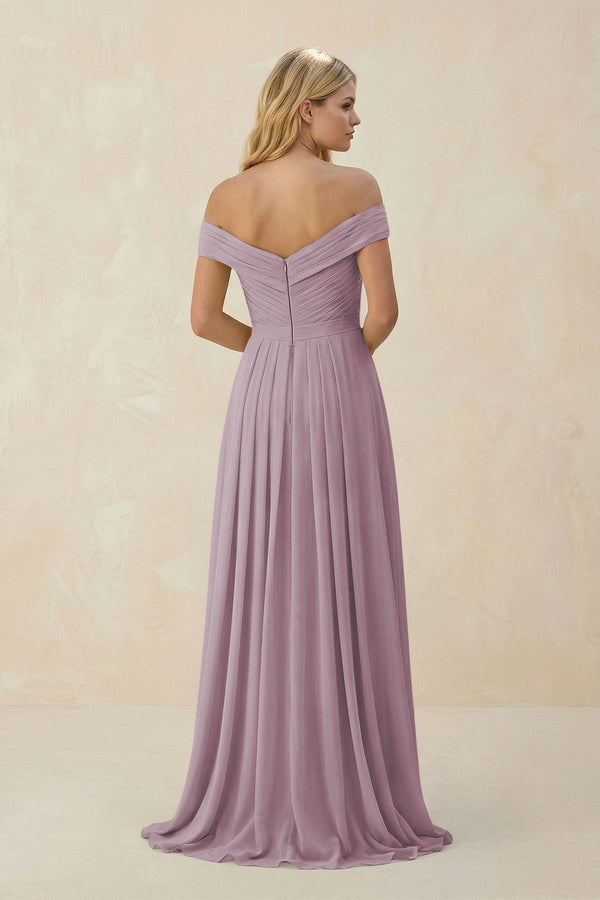 Off - the - Shoulder Pleated A - Line Chiffon Bridesmaid Dress in Dusk - SHE IS ME Bridesmaid Dresses