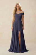 Off - the - Shoulder Pleated A - Line Chiffon Bridesmaid Dress in Dusk Blue - SHE IS ME Bridesmaid Dresses
