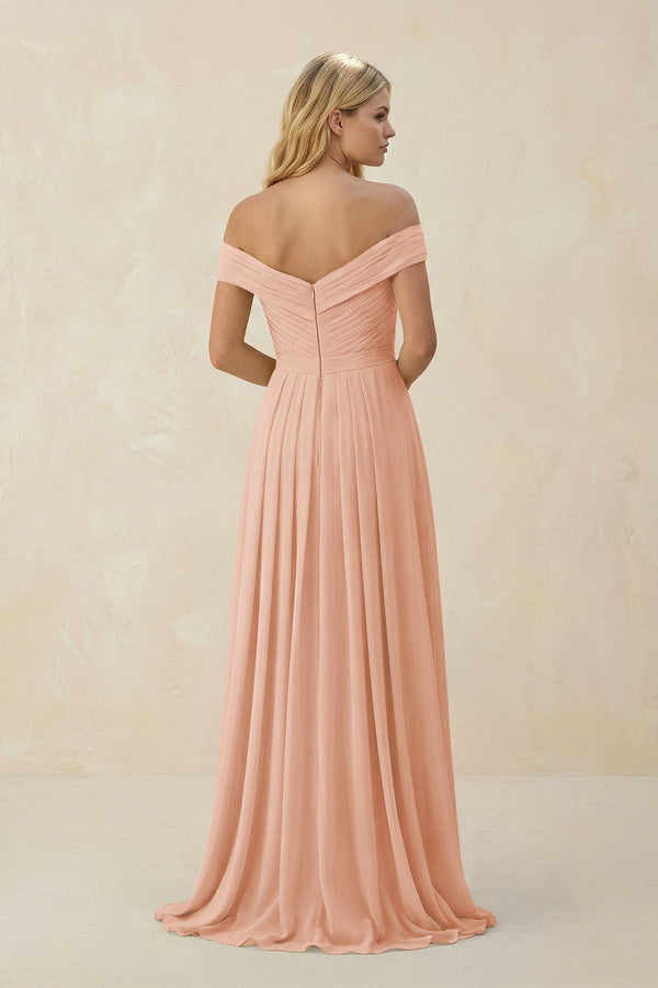 Off - the - Shoulder Pleated A - Line Chiffon Bridesmaid Dress in English Rose - SHE IS ME Bridesmaid Dresses