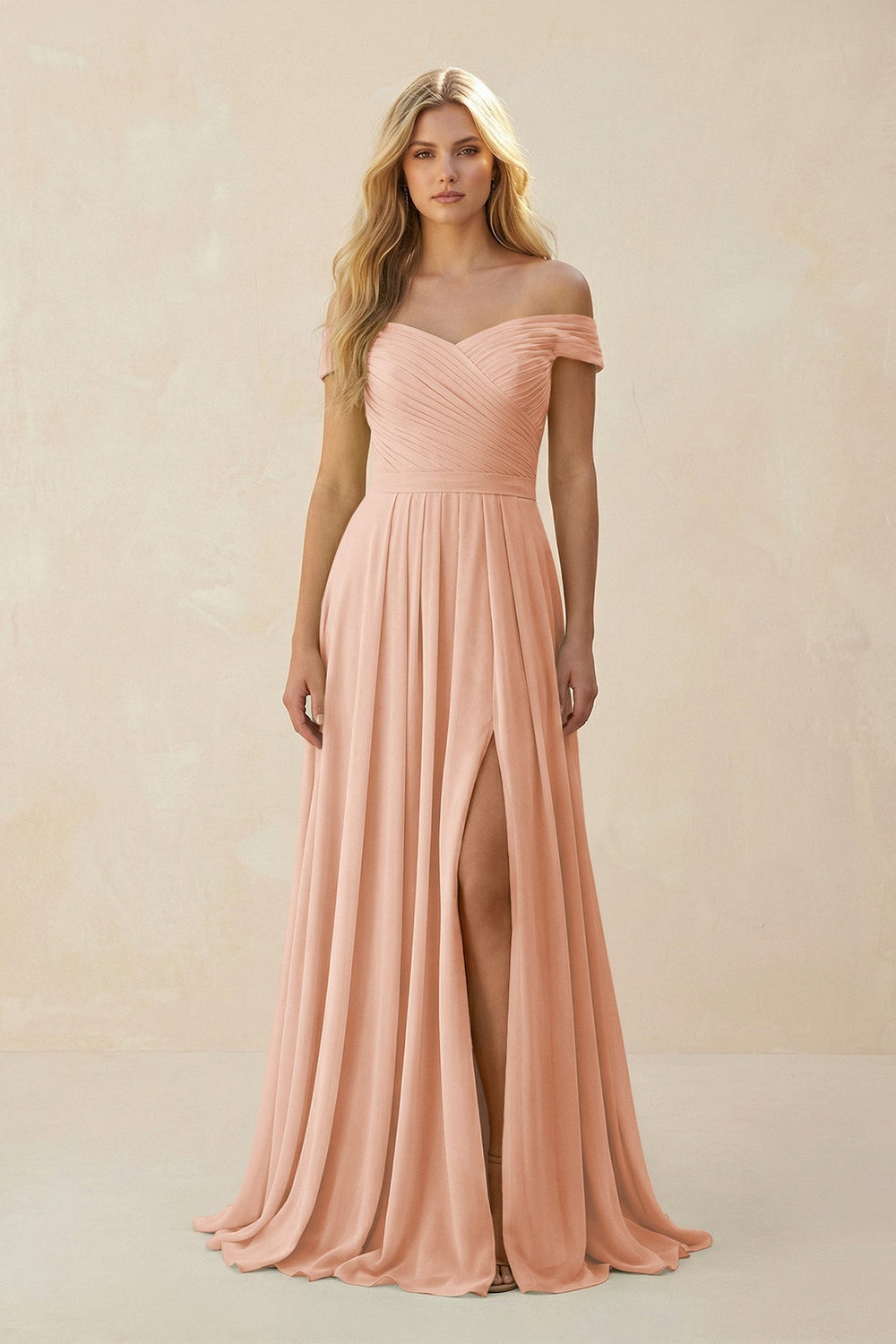 Off - the - Shoulder Pleated A - Line Chiffon Bridesmaid Dress in English Rose - SHE IS ME Bridesmaid Dresses