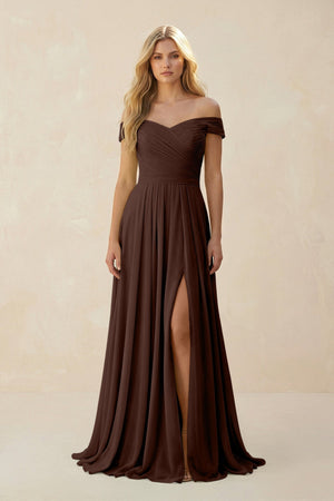 Off - the - Shoulder Pleated A - Line Chiffon Bridesmaid Dress in Espresso - SHE IS ME Bridesmaid Dresses