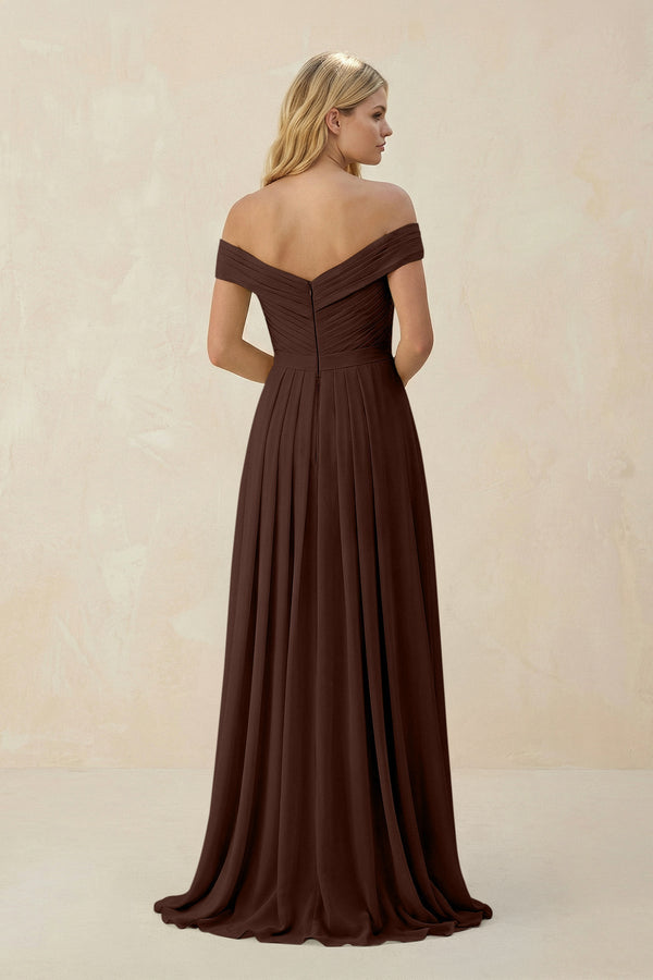 Off - the - Shoulder Pleated A - Line Chiffon Bridesmaid Dress in Espresso - SHE IS ME Bridesmaid Dresses