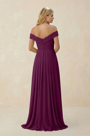 Off - the - Shoulder Pleated A - Line Chiffon Bridesmaid Dress in Fig - SHE IS ME Bridesmaid Dresses