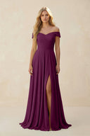 Off - the - Shoulder Pleated A - Line Chiffon Bridesmaid Dress in Fig - SHE IS ME Bridesmaid Dresses