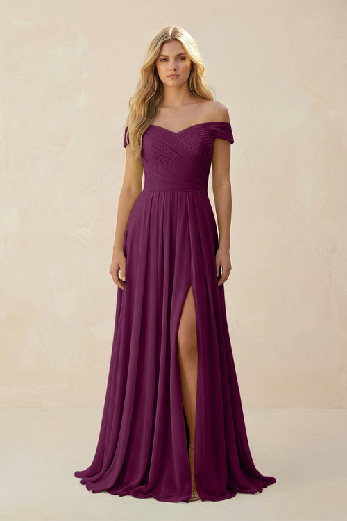 Off - the - Shoulder Pleated A - Line Chiffon Bridesmaid Dress in Fig - SHE IS ME Bridesmaid Dresses