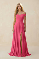Off - the - Shoulder Pleated A - Line Chiffon Bridesmaid Dress in Fuchsia - SHE IS ME Bridesmaid Dresses