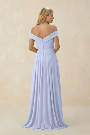 Off - the - Shoulder Pleated A - Line Chiffon Bridesmaid Dress in Ice - SHE IS ME Bridesmaid Dresses