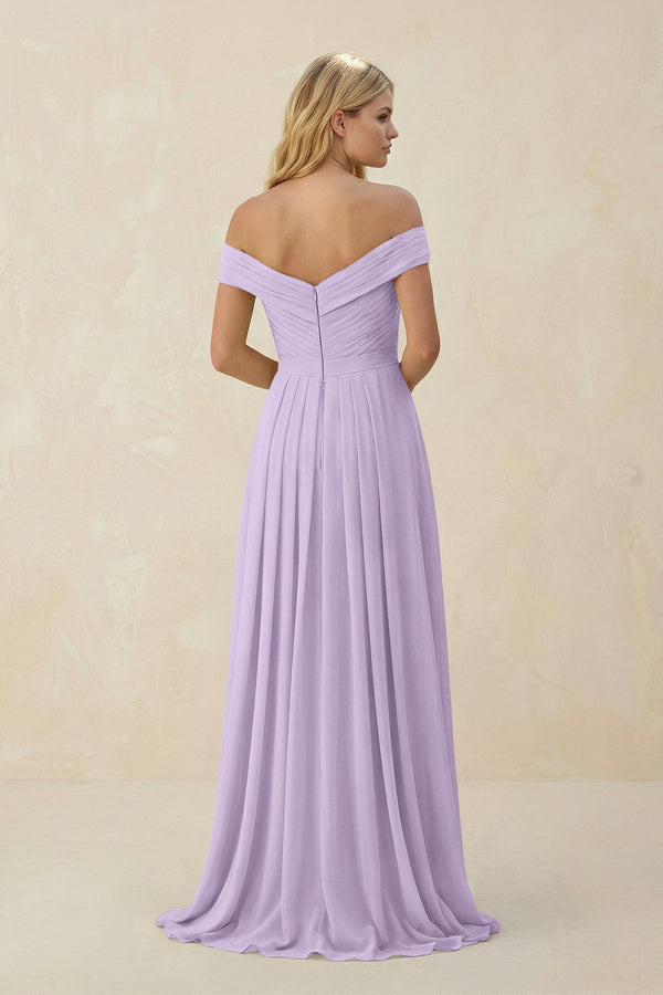 Off - the - Shoulder Pleated A - Line Chiffon Bridesmaid Dress in Lavender - SHE IS ME Bridesmaid Dresses