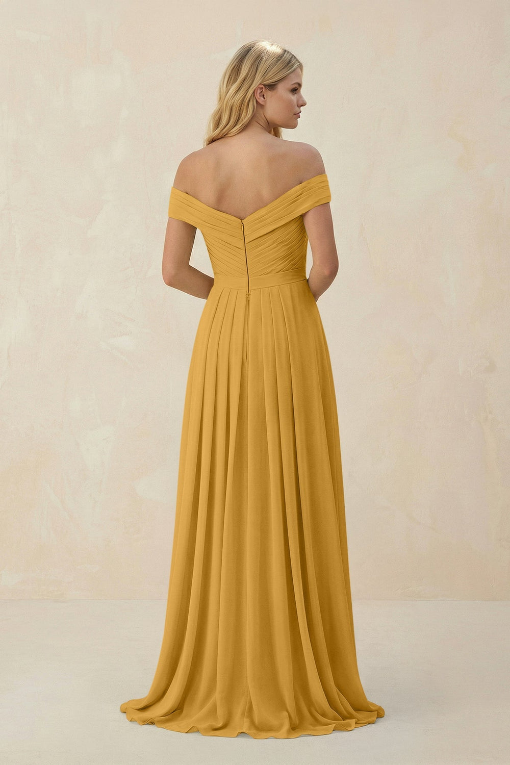 Off - the - Shoulder Pleated A - Line Chiffon Bridesmaid Dress in Marigold - SHE IS ME Bridesmaid Dresses
