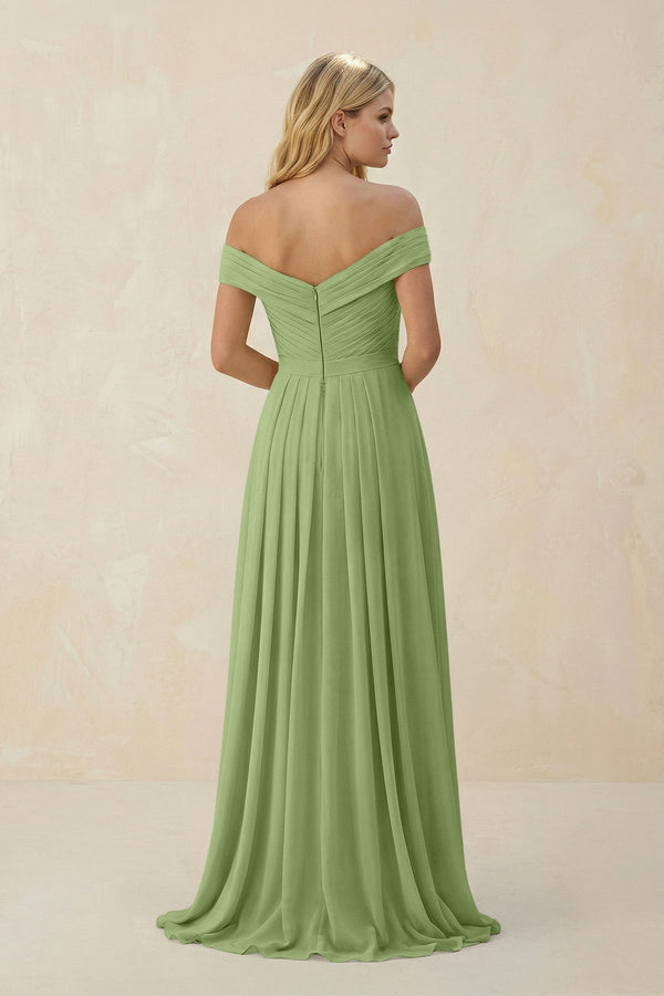 Off - the - Shoulder Pleated A - Line Chiffon Bridesmaid Dress in Matcha - SHE IS ME Bridesmaid Dresses