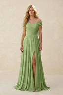 Off - the - Shoulder Pleated A - Line Chiffon Bridesmaid Dress in Matcha - SHE IS ME Bridesmaid Dresses