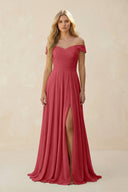 Off - the - Shoulder Pleated A - Line Chiffon Bridesmaid Dress in Merlot - SHE IS ME Bridesmaid Dresses