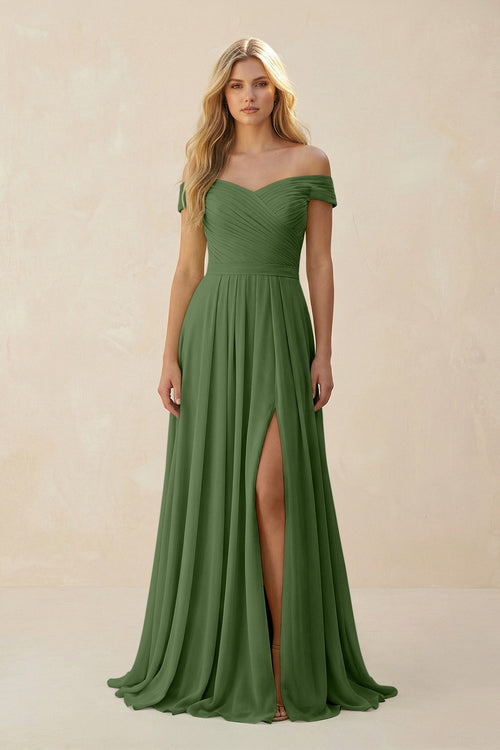 Off - the - Shoulder Pleated A - Line Chiffon Bridesmaid Dress in Moss - SHE IS ME Bridesmaid Dresses