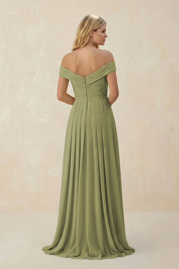 Off - the - Shoulder Pleated A - Line Chiffon Bridesmaid Dress in Moss Green - SHE IS ME Bridesmaid Dresses