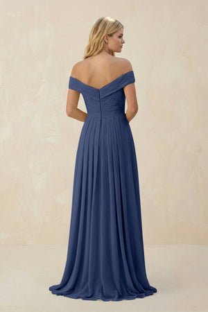 Off - the - Shoulder Pleated A - Line Chiffon Bridesmaid Dress in Navy - SHE IS ME Bridesmaid Dresses
