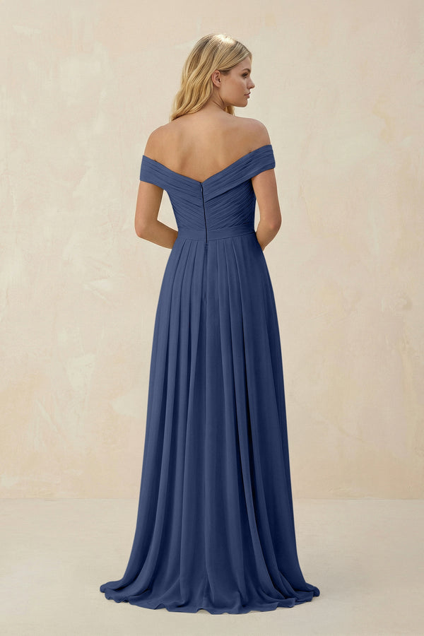 Off - the - Shoulder Pleated A - Line Chiffon Bridesmaid Dress in Navy - SHE IS ME Bridesmaid Dresses