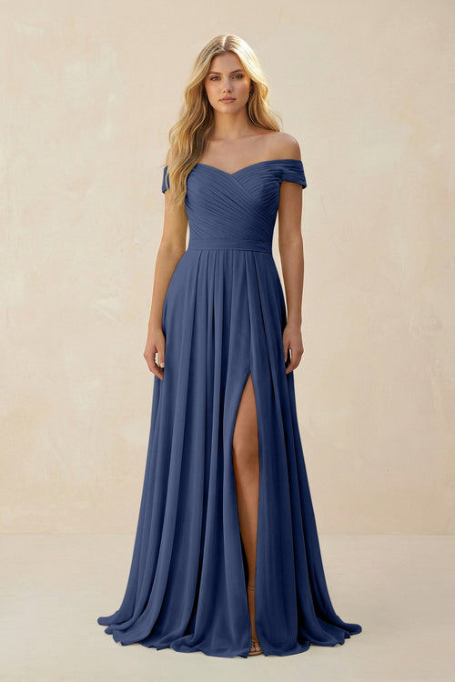 Off - the - Shoulder Pleated A - Line Chiffon Bridesmaid Dress in Navy - SHE IS ME Bridesmaid Dresses