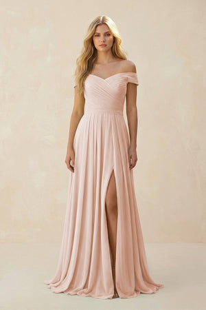 Off - the - Shoulder Pleated A - Line Chiffon Bridesmaid Dress in Pale Blush - SHE IS ME Bridesmaid Dresses