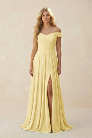 Off - the - Shoulder Pleated A - Line Chiffon Bridesmaid Dress in Pastel Yellow - SHE IS ME Bridesmaid Dresses