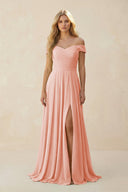 Off - the - Shoulder Pleated A - Line Chiffon Bridesmaid Dress in Rose Petal - SHE IS ME Bridesmaid Dresses