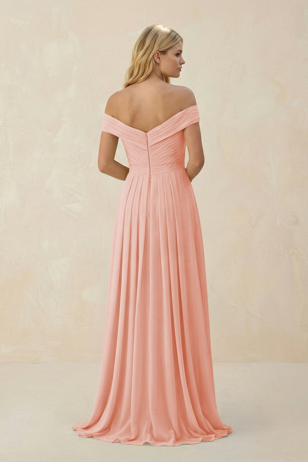 Off - the - Shoulder Pleated A - Line Chiffon Bridesmaid Dress in Rose Petal - SHE IS ME Bridesmaid Dresses